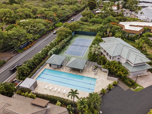 Aerial view of the tennis court and community pool