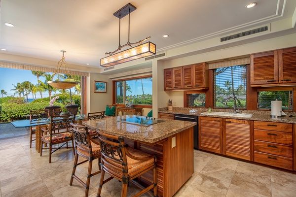 The breakfast bar has seating for two, perfect for quick meals and entertainment.