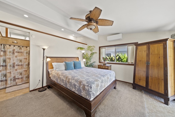 This room is equipped with split AC and a ceiling fan to keep you cool