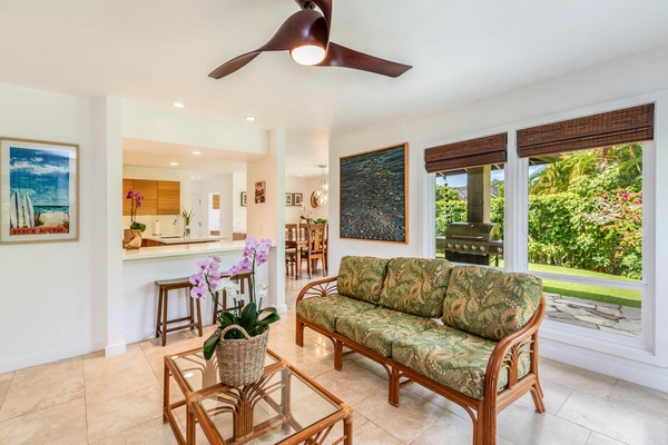 Cozy living room with a kitchen peek-a-boo