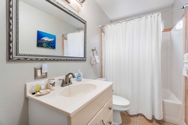 The shared full bathroom on the ground level with a single vanity.