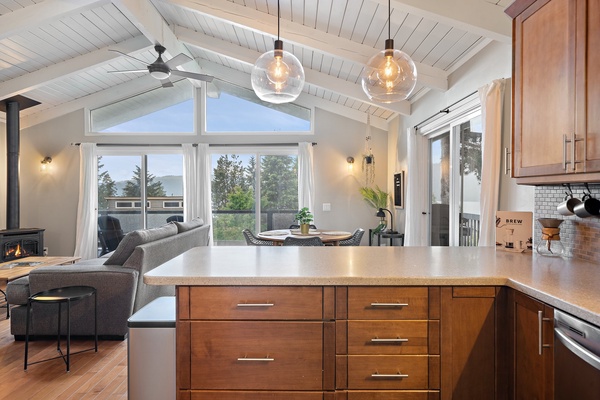 Scenic kitchen countertop with stunning window views perfect for meal preparation.