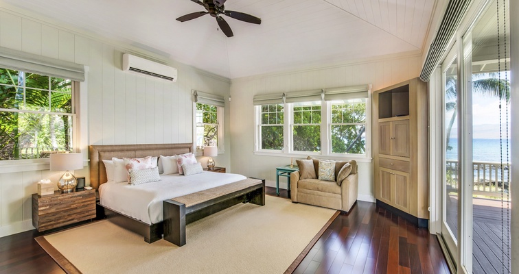 Alternate View of Primary Bedroom with Sliding Glass Doors to Oceanfront Lanai.