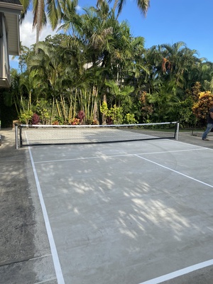 A removable pickle ball quart to the driveway