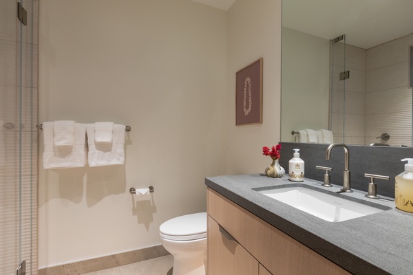 This simple yet elegant bathroom features a streamlined design with a spacious vanity and ample storage beneath.