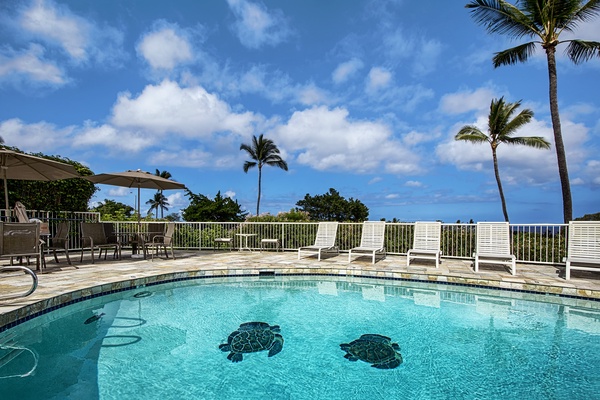 Complex pool has sun beds for you to relax