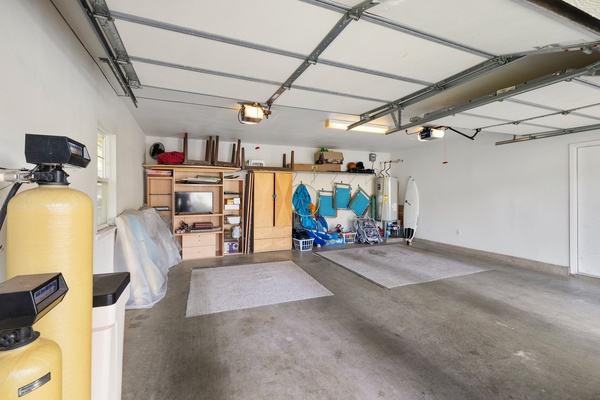 Spacious garage with ample storage and organization.