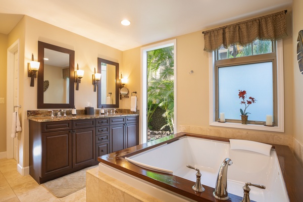 Primary ensuite bath with rain shower and soaking tub