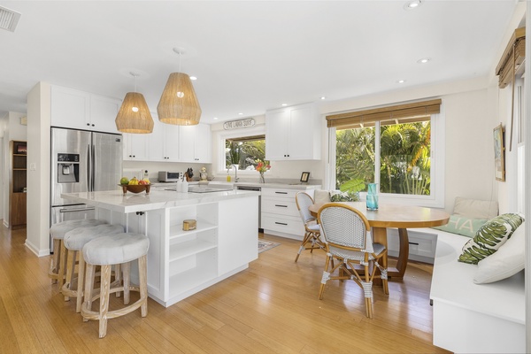 Kitchen overlooks dining area