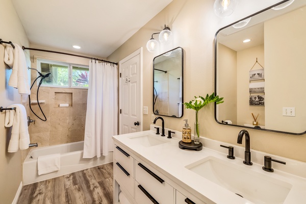 Modern dual vanity/sinks and shower/tub combo