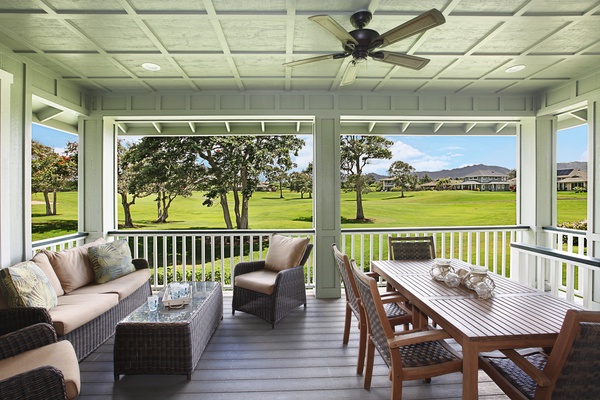 Lanai with golf course and mountain views