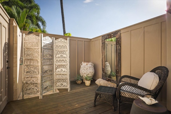 Relax in the outdoor nook, perfect for a quiet retreat or enjoying a morning coffee.