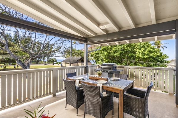 Dining area with ocean and park view