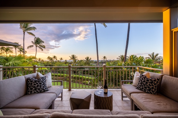 Spacious upper lanai (deck) with sunset, fairway and ocean views.