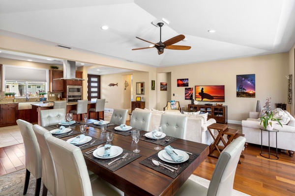 The dining area has a rustic table for eight.