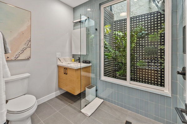 The downstairs bathroom with modern glass shower.