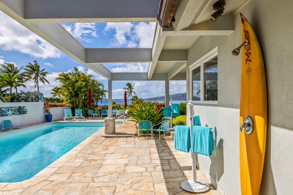 Electric heated saltwater swimming pool and outdoor shower with a view, inviting you to bask in the Hawaiian sun