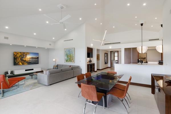 Dining area with glass table for six.