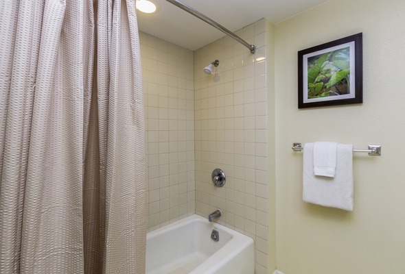 The bathroom has shower/tub combo.