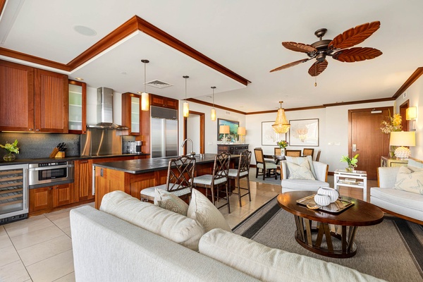 Kitchen and living areas connect for conversation and meal prep.