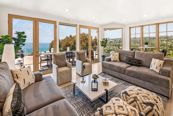 Wide panoramic view throughout the glass walled living area