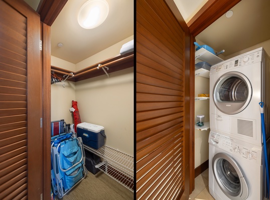 An in-unit washer and dryer for convenience and extra storage room adjacent to it.