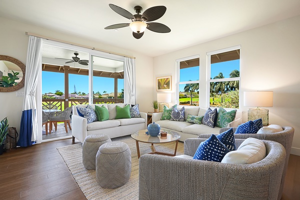 Living room with golf course views