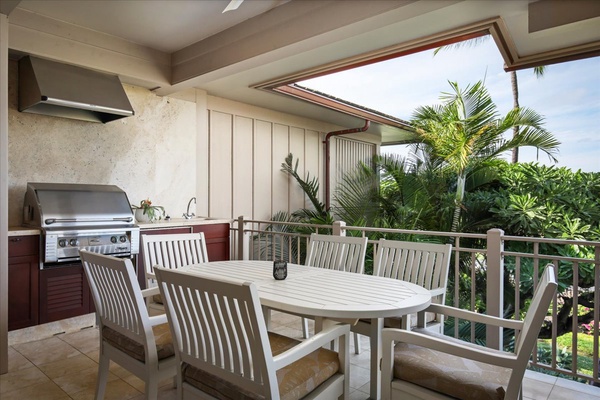 The upper ocean lanai with BBQ grill and table for six.