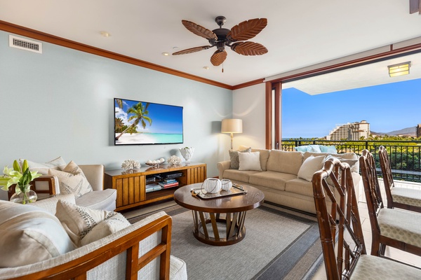 Seamless flow from the living area to the sunlit balcony.