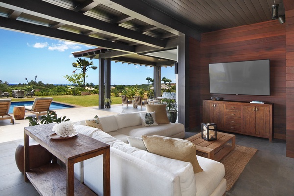 Outdoor living space and pool with ocean views