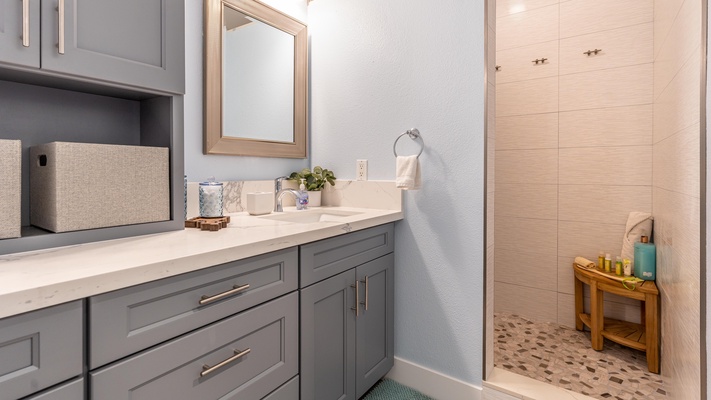 The primary guest bath with a luxurious walk-in shower.