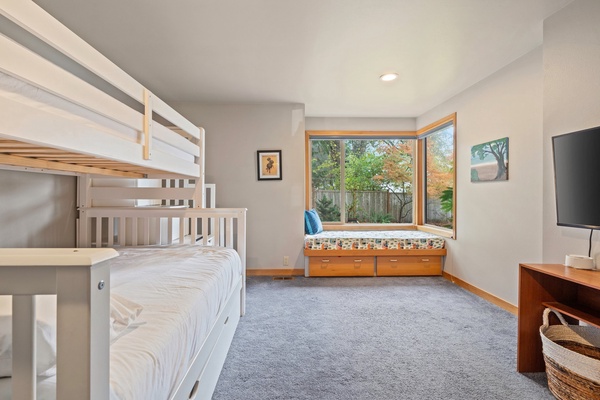 With a nice window seat, perfect for morning views or nightly star gazing.