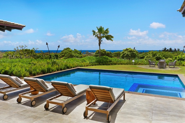 Pool with hot tub and in-pool stools