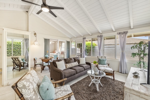 Front living room with high, vaulted ceiling.