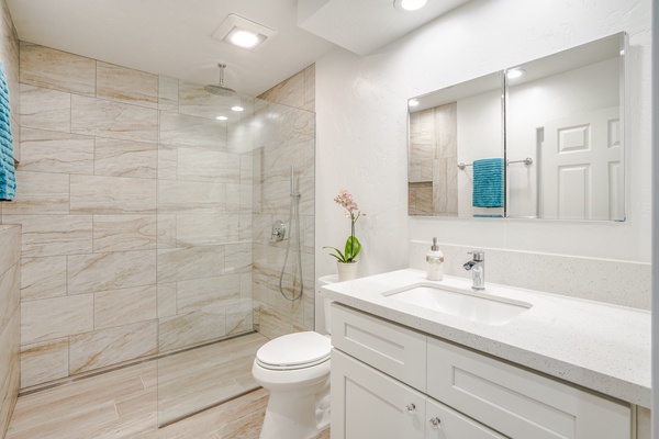 Shared bathroom with a walk-in shower.