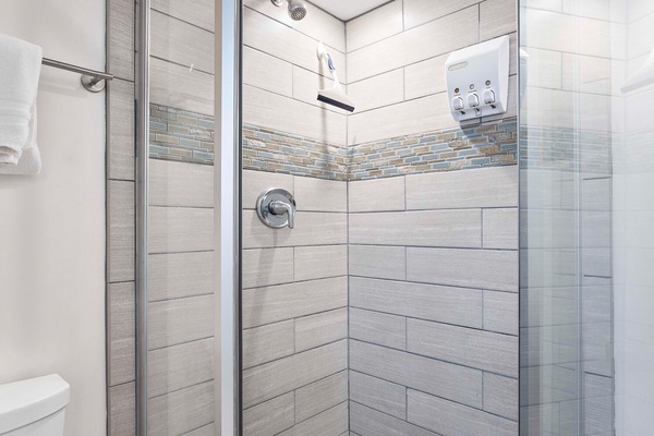 The walk-in shower in a glass enclosure.