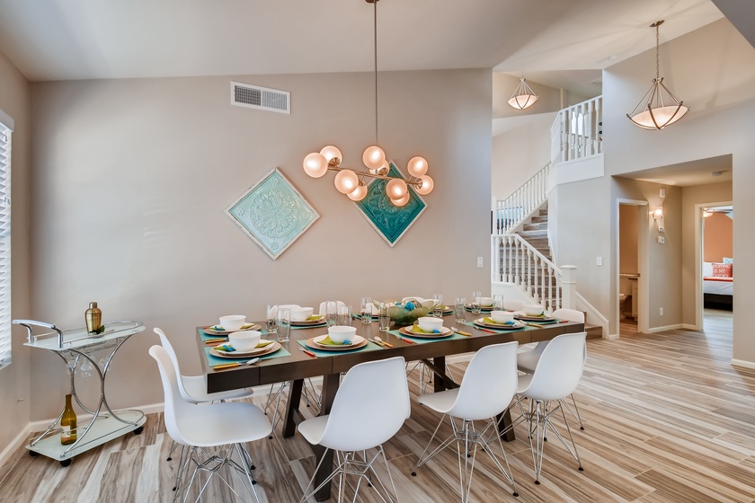 The formal dining area is a large space for the whole family to sit and eat together