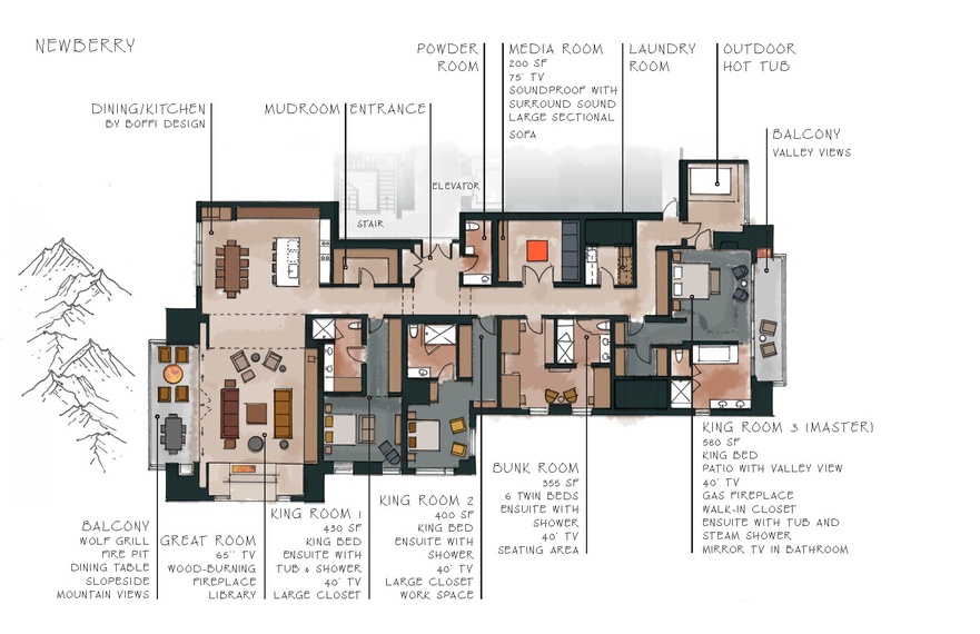 Newberry Floor Plan - Four Bedroom Suite - Caldera House Teton Village, WY