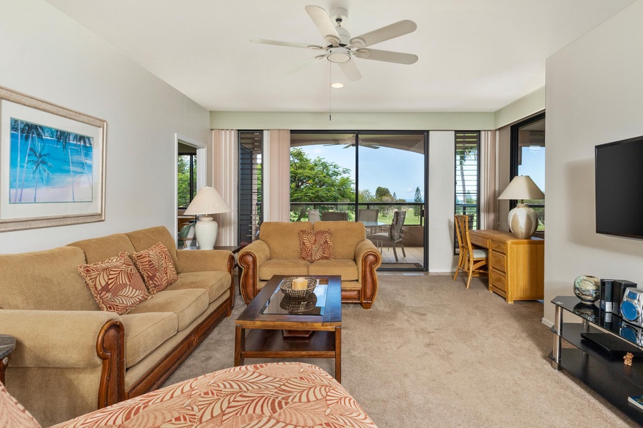 Check out the golf course from the air conditioned living room