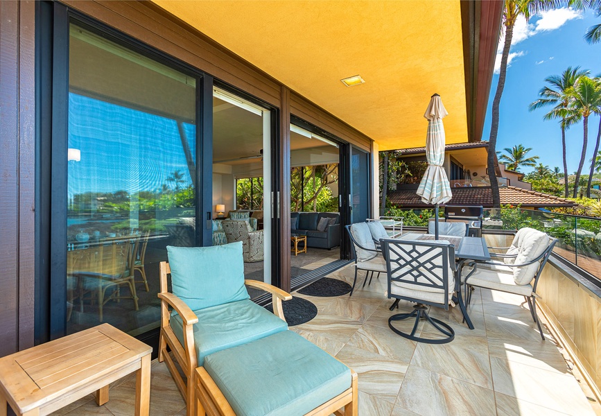 Spacious private lanai features dining for 6 & two lounge chairs