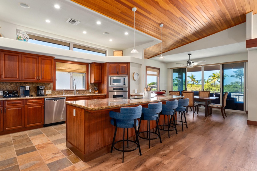 Spacious kitchen with bar seating