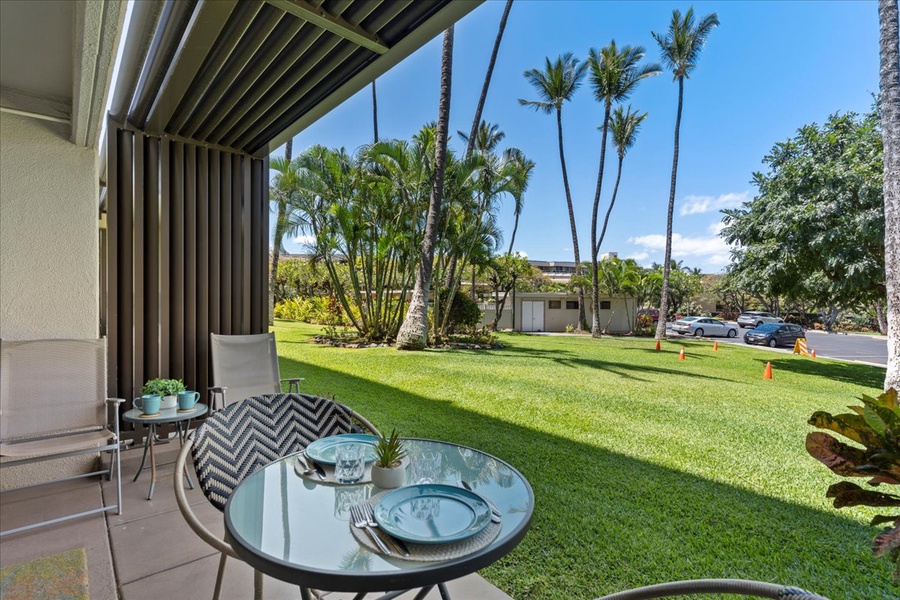 One of the two pools is located to the left of the patio