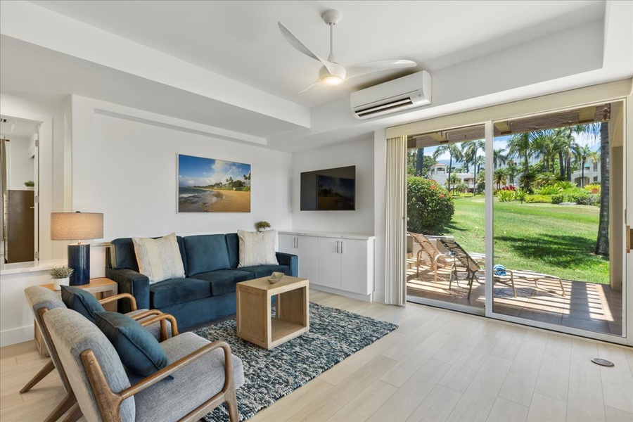 Spacious living room with seamless entry to the lanai