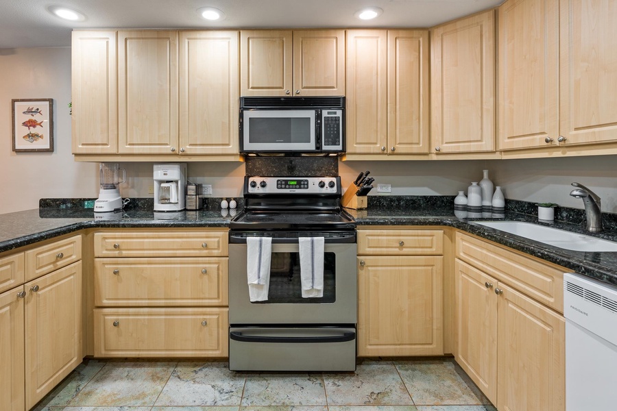 The kitchen comes fully stocked