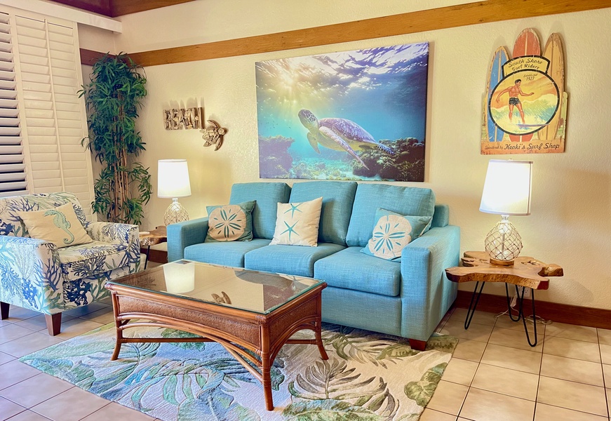 Coastal beachy feel in this open living room.