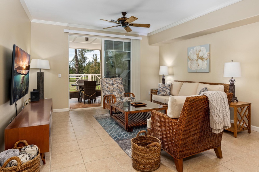 Cozy living room with golf course views