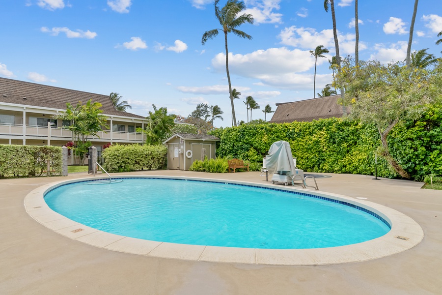 Dive into the sparkling pool, surrounded by comfortable lounge chairs and shaded areas.