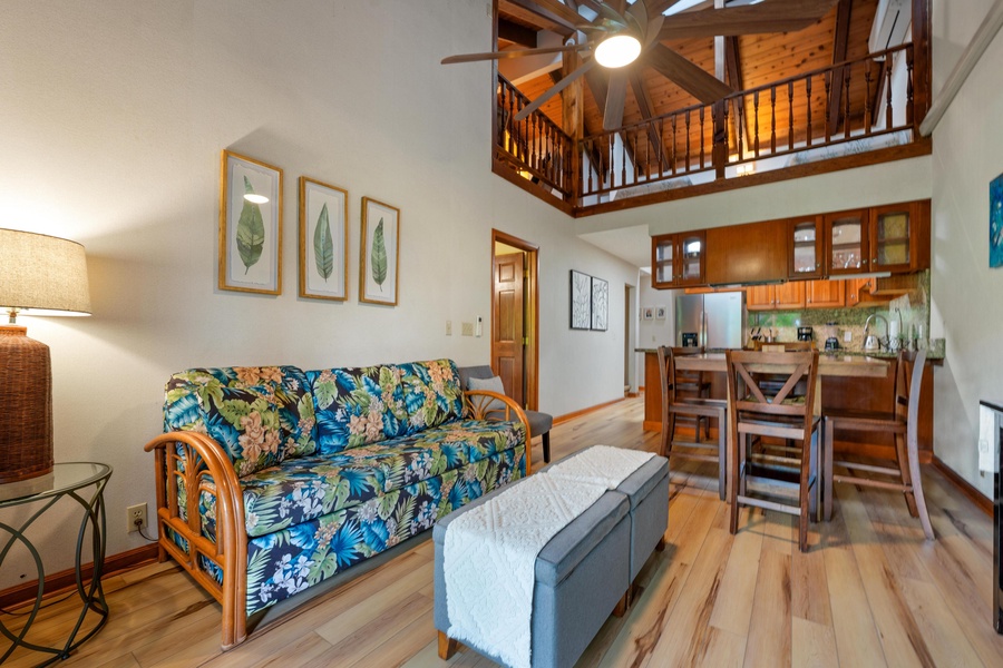 Living space is open to the kitchen and dining area