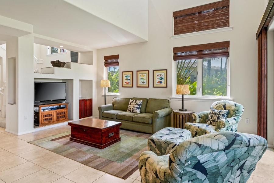 Living area with high ceilings 