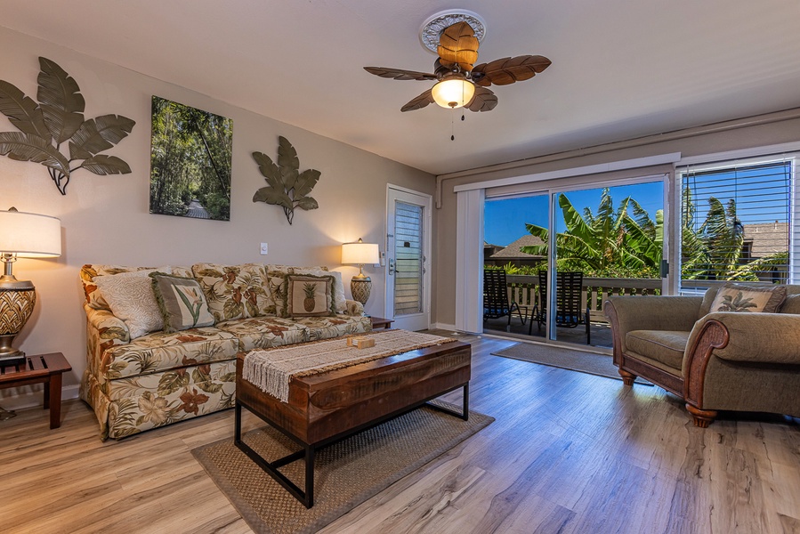 Spacious living room with a comfy sofa sleeper for extra guests.